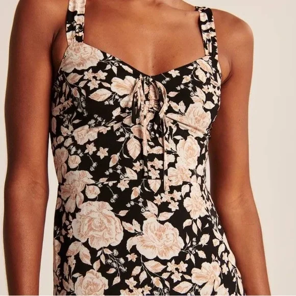 Abercrombie & Fitch Black Floral Cinch Front Midi Dress XS - Picture 3 of 10